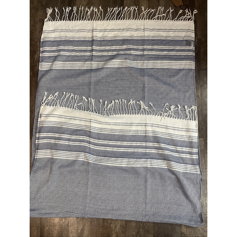 Genovega Oversized Turkish Beach Towel 70" X 3 Blue Designs And Stripes